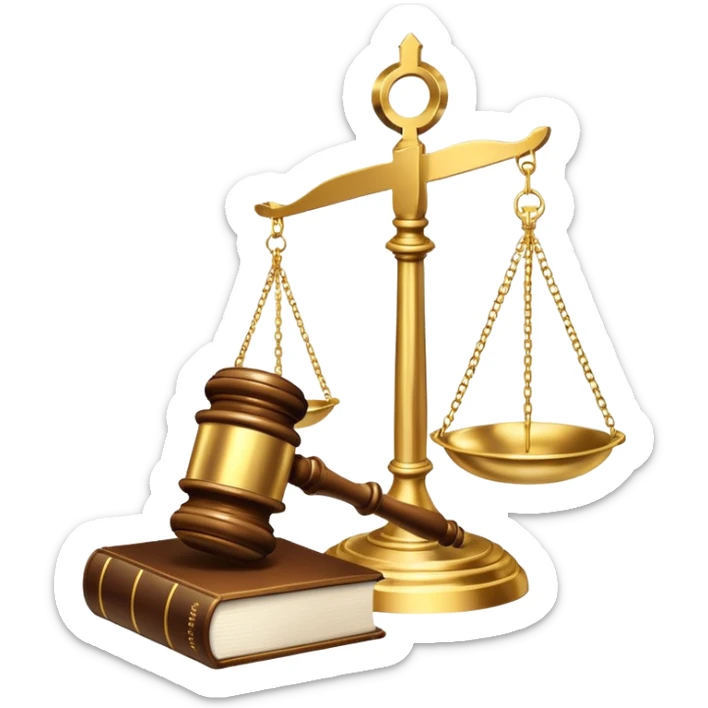 An icon featuring a gavel, legal scales, and a law book, symbolizing the study of law. The design includes a courthouse silhouette in the background, representing justice and legal systems. Transparent background highlights the principles of law and legal practice. sticker