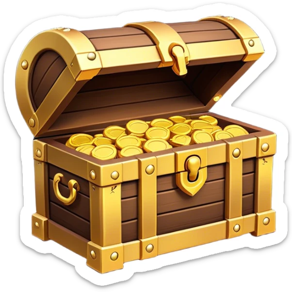 Clash of Clans aesthetic: Cinematic Playful Pixel 3D Treasure Chest Emoji, rendered in a 3D vector-style similar to standard emojis with minimal shading and bold, simplified shapes. A compact, distinct form with signature details, softly glowing with a pixelated adventure charm. Simplified yet unmistakably iconic, highly detailed and consistent, glowing with a soft radiance and high shine. Stylized with a touch of classic pixel-art charm and a soft glowing outline, capturing the essence of a beloved gaming relic with a friendly, playful manner! sticker