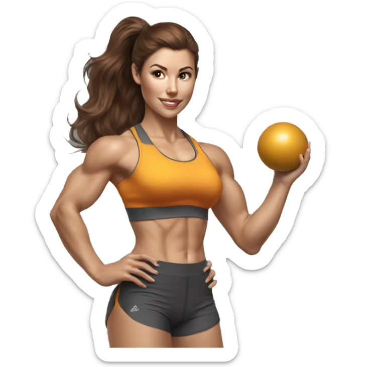 Hyperrealistic pencil drawing of athletic sexy girl with brown hair with kettlebell sticker