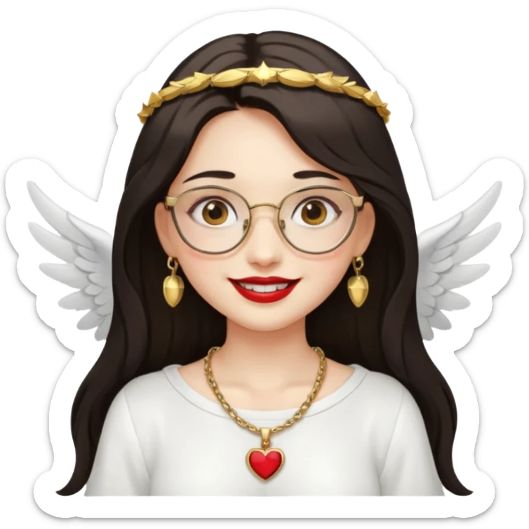 Angel girl with eyeglasses and Middle parted hair long dark hair with red lipstick  and push gold necklaces and dark eyes with withe wings and smile with withe teeth sticker
