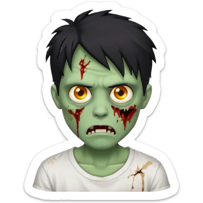 Rosto de frente classico de zombie boca meio torta cabelos medios grandes pretos bagunçados low fade com pele verde clara camiseta branca sticker