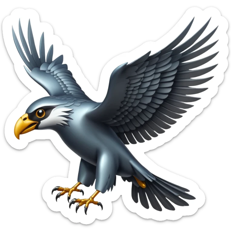 Emoji-style icon of a large metallic predatory bird flying, sharp wings, steel texture, dramatic pose, dark background sticker