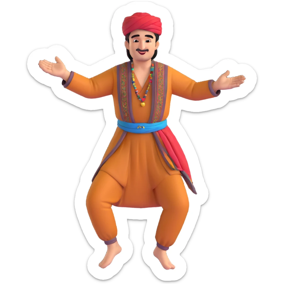 cartoon sticker of a Kurdish man in traditional clothing dancing Kurdish dance with hands raised and foot movement, colorful and joyful, no text, suitable for WhatsApp and Instagram sticker