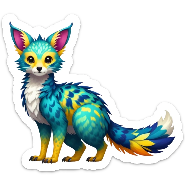 Feral Rare Fantasy vibrant tropical Vernid-Trico-species-creature by LiLaiRa, random markings, tufted tail, tufted ears, full body sticker