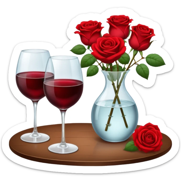  romantic table set for two with roses in a vase of water and 2 glasses of red wine sticker
