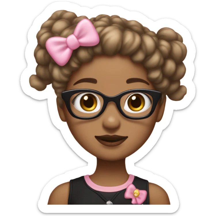 A light brown skin girl wearing black glasses that have hello kitty charms on them with a light pink bow on the side of the girls head sticker