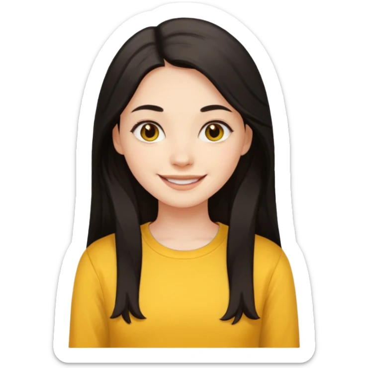 girl using her laptop, long dark hair with no part, white skin and yellow shirt long sleeves, smiling sticker