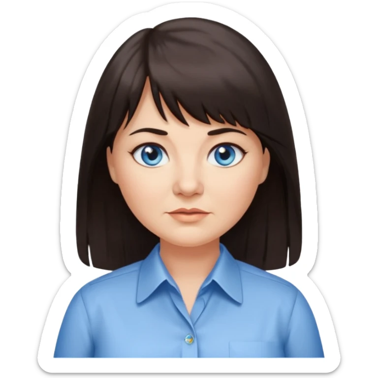 50 yr old woman, blue eyes, long straight dark brown hair, business shirt, chubby, bangs sticker