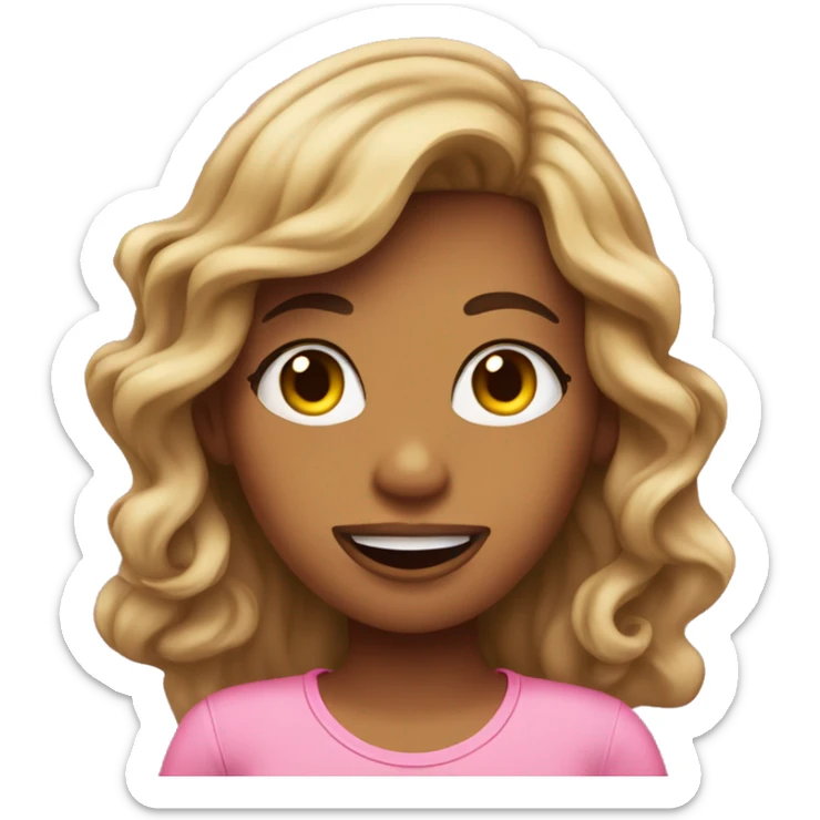 tan girl w/ long curled hair sticking her tongue out wear a pink short sleeve shirt sticker