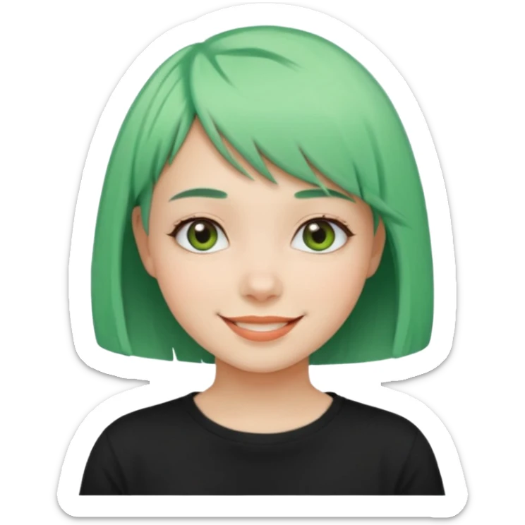 Girl with Mint Bob Cut – short green hair, cheerful smile, black t-shirt sticker