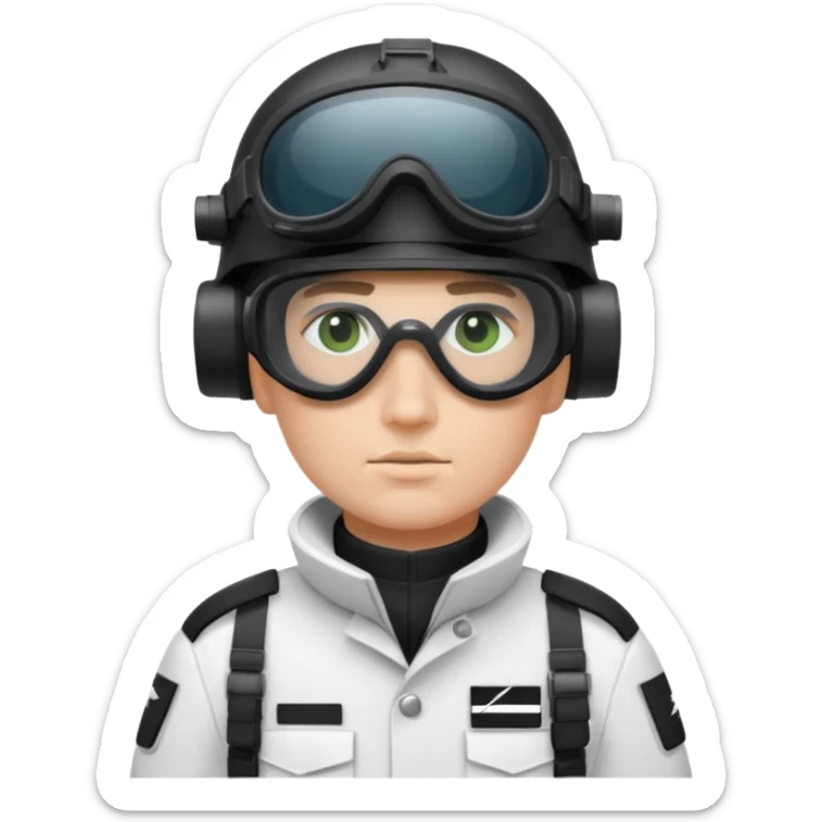 A Finnish modern soldier in a white snow uniform. with black night vision goggles sticker