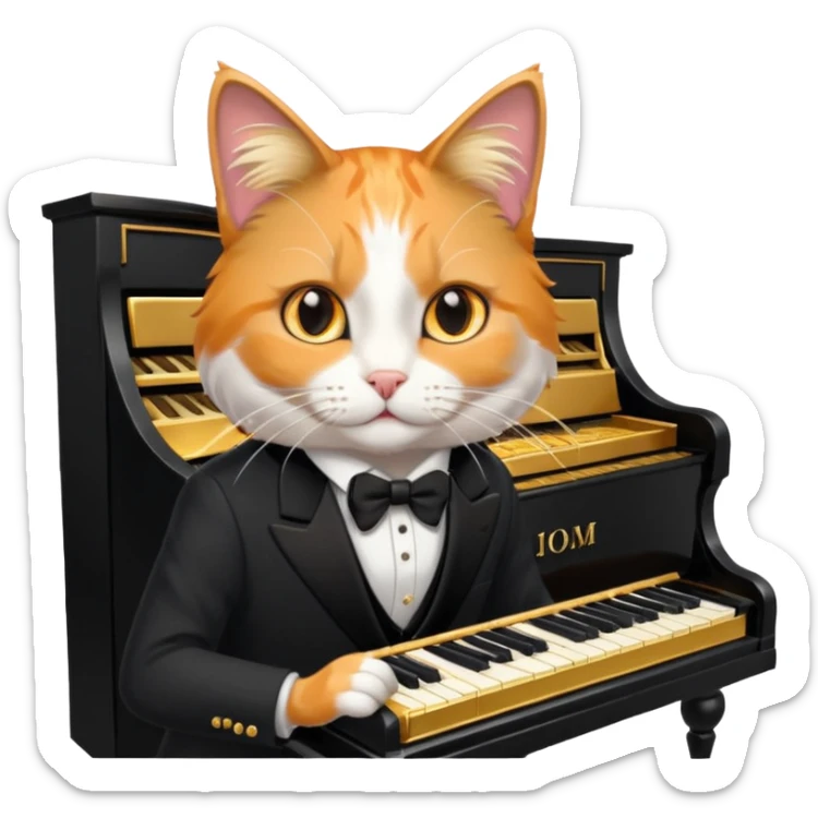 calico cat play gold piano, wear black suit, portrait sticker