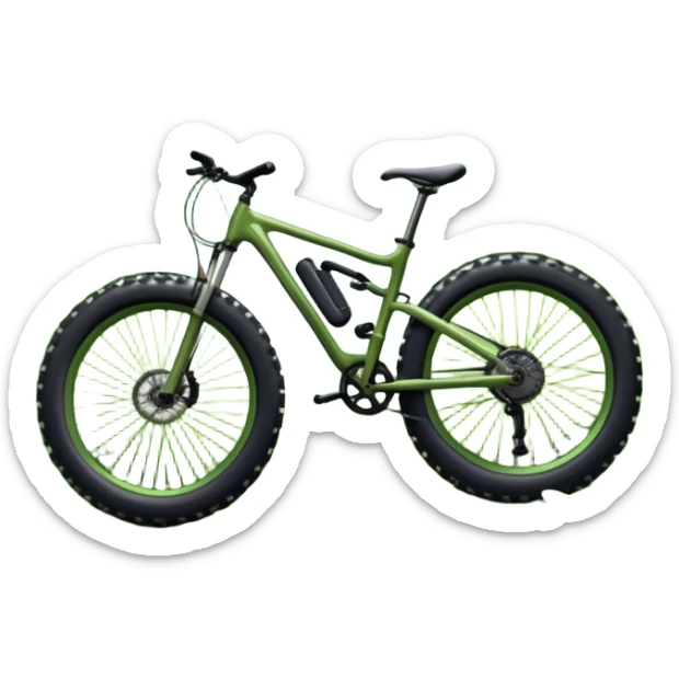 An icon showing a mountain bike with thick tires on a forest trail, surrounded by trees and natural terrain. The background features a lush green forest with sunlight filtering through the branches, and a winding path ahead. Transparent background highlights the  adventure of mountain biking. sticker