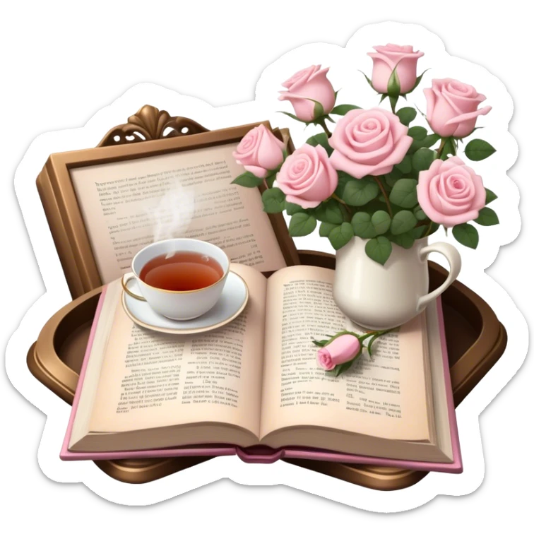 A cozy reading nook with an open book, a steaming cup of tea, and a bouquet of pale pink roses. sticker
