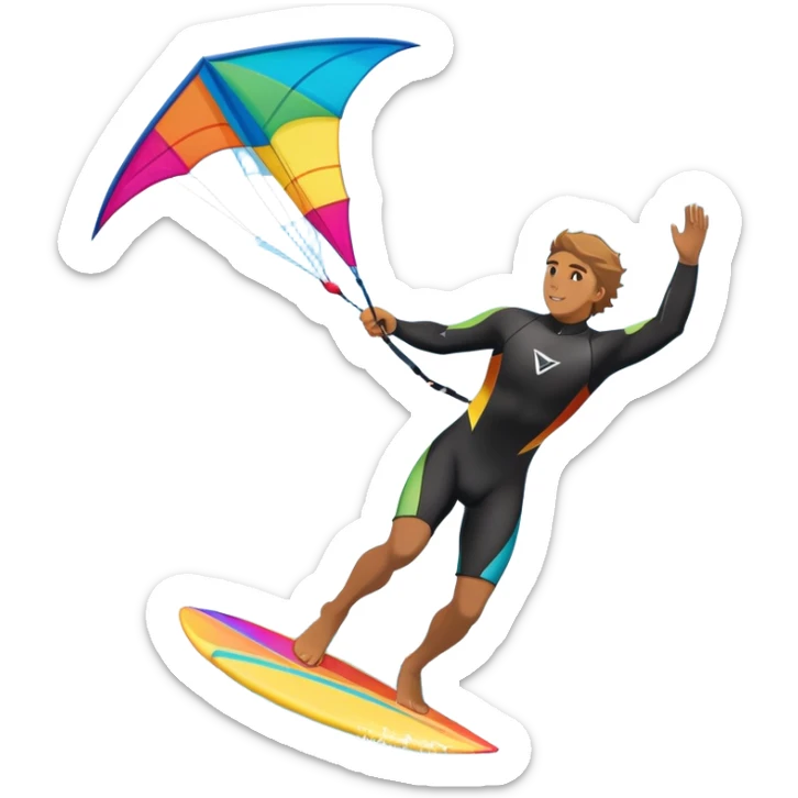 A kite surfer gliding across the ocean, with a colorful kite soaring high in the sky and the surfer carving through the waves. The scene captures the energy and freedom of the sport, with the sun shining and the ocean's waves splashing around. sticker