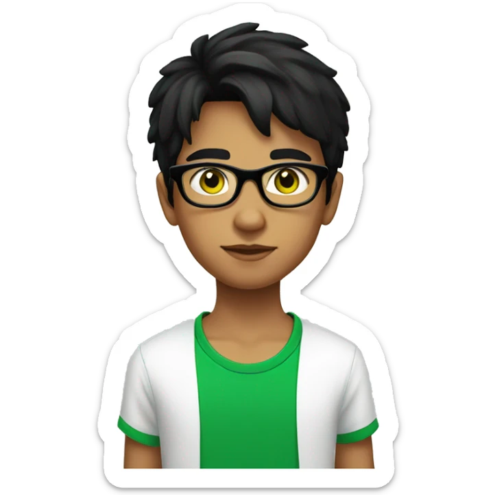 Young boy with black hair green eyes and black glasses wearing a white T-shirt sticker