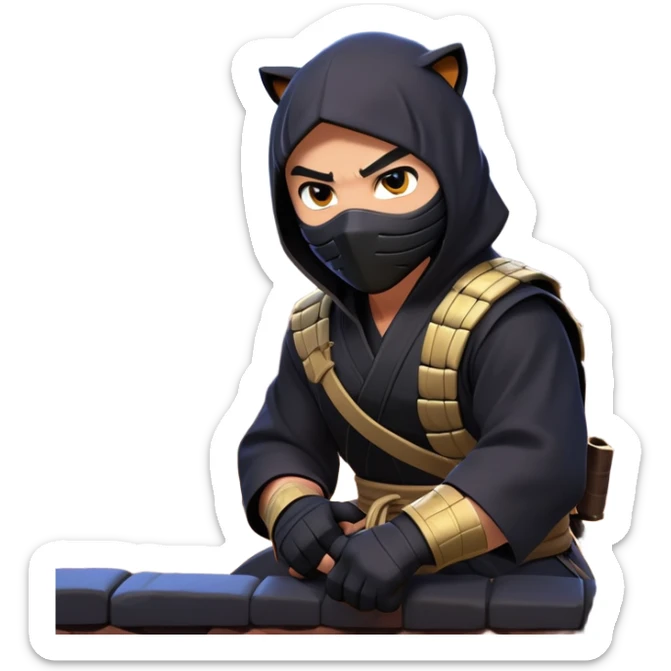 clash-of-clans-aesthetic_-cinematic-mysterious-male-ninja-portrait-emoji, rendered in a flat, vector-style with minimal shading and bold, simplified shapes, with a head slightly turned revealing intense, focused eyes, perched crouched next to an agile trained panther tiger with glossy fur moving silently through shadowed urban rooftops and moonlit alleyways. sticker