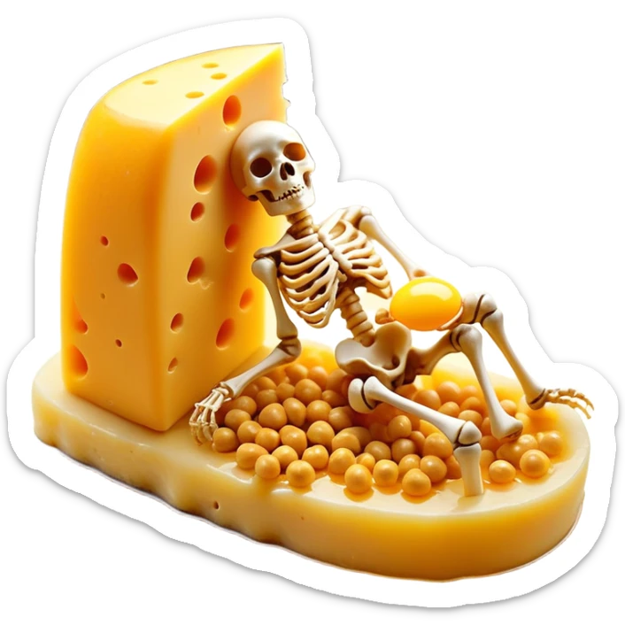 Ethereal pieces of aged cheese, golden egg yolk, and natto floating around a translucent glowing skeleton. Fine rays of golden light flow from the foods to the bones, where small locks open upon contact, guiding calcium like precision keys that prevent accumulation in arteries. sticker