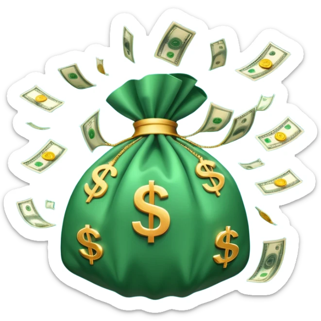 

3D emoji style, big bag of money, flying dollar bills, rich casino vibe, smooth lighting, high detail, clean edges, transparent background



 sticker
