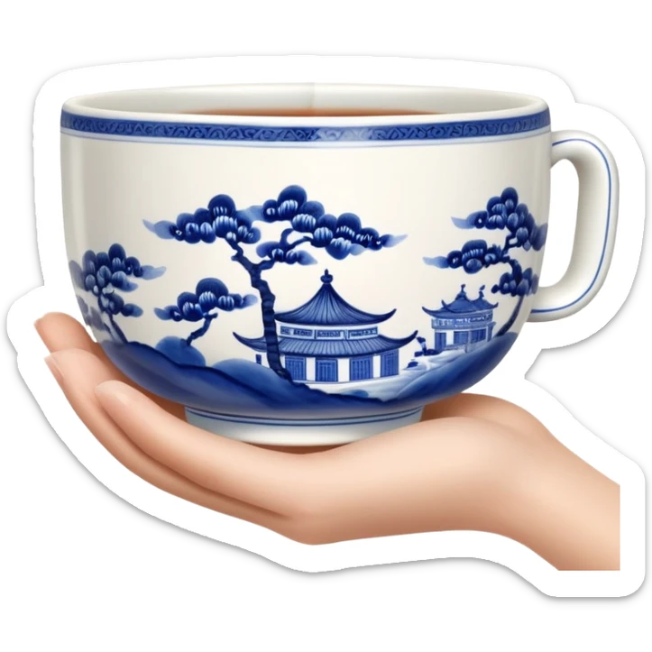 hand holding a traditional Chinese blue and white porcelain tea cup without handle sticker