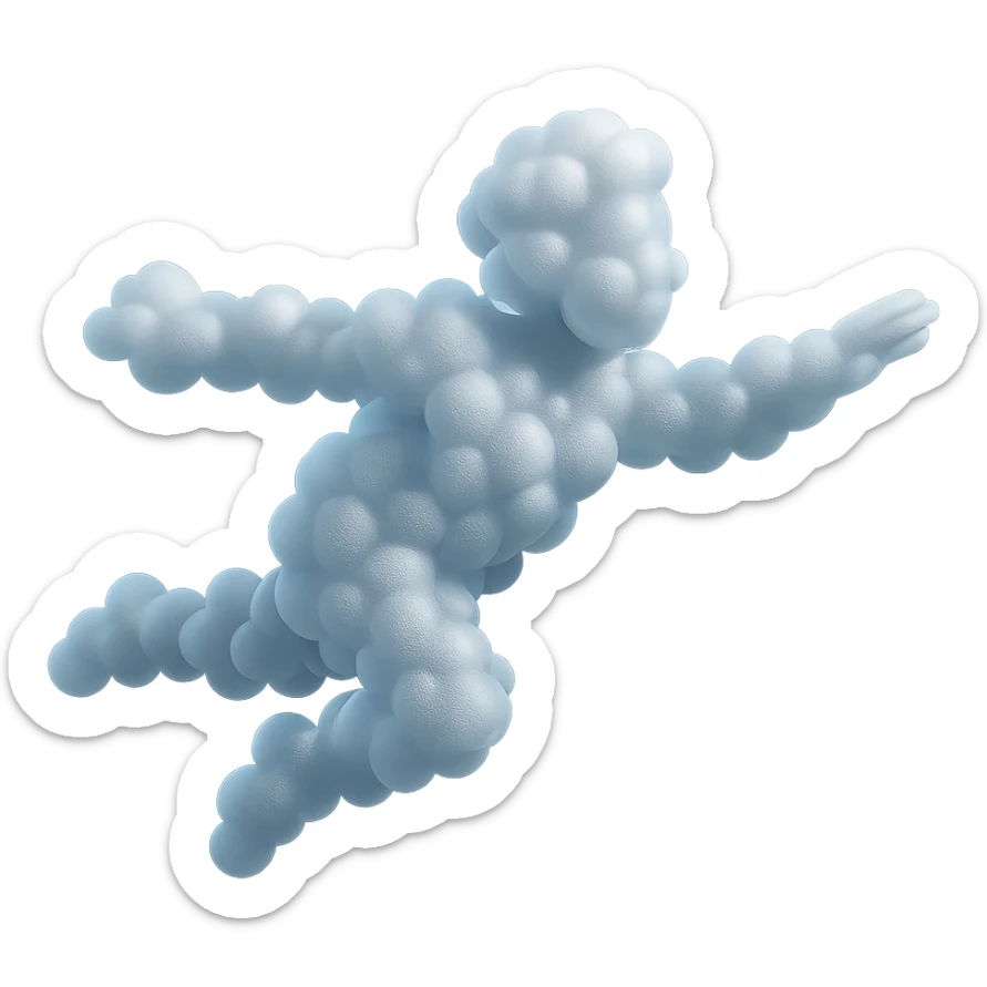 a person flying in the air, entirely made of small very white fluffy clouds, matte glass style, no background, no shadows, no extra details sticker