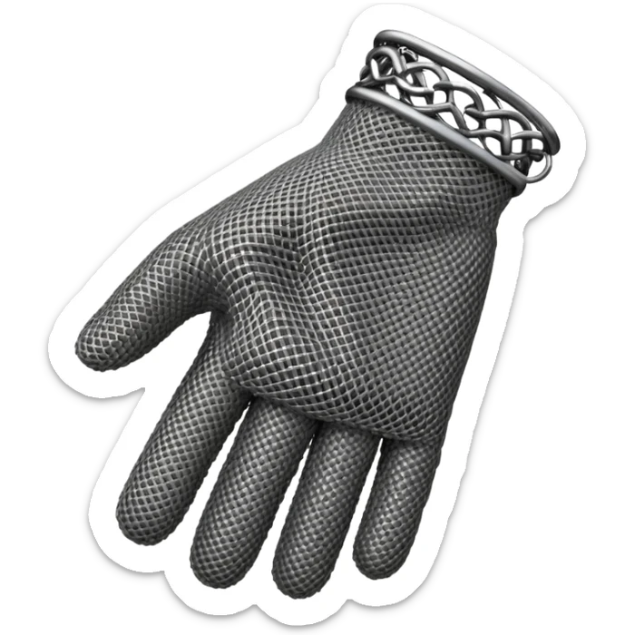 3D render of Butcher’s Glove, made of interlocking chainmail metal rings, wire mesh texture, visible holes and negative space, metallic silver and grey, high contrast shadows, Apple emoji style, isolated on white background --v 6.0. sticker