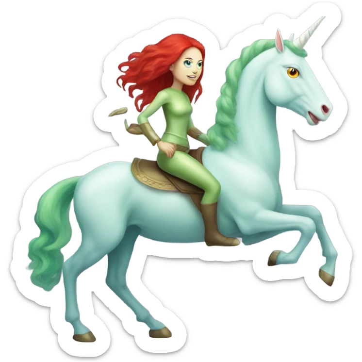 [politically incorrect
	{ woman: alien, color: light green, hair:red, eyes:cat} ]
	on a 
	[{ unicorn: white, legged:four, mane: light blue }] sticker