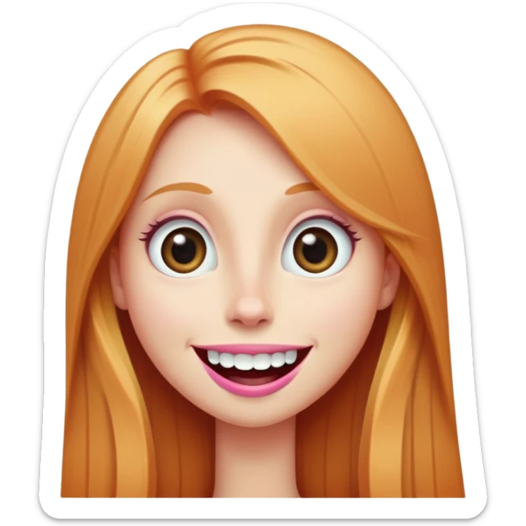 young girl with long straight ginger blonde hair, long face, big eyes, big long nose, big pink mouth with large teeth, exaggerated smile sticker
