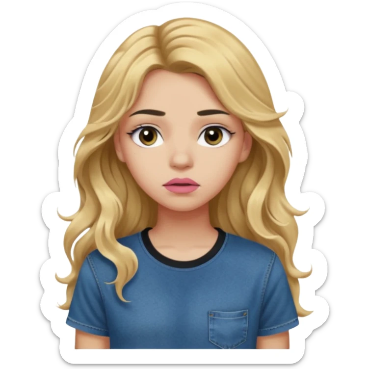 > 14-year-old girl, 161cm, slender, long wavy golden hair, tan skin, full pink lips, long lashes, thick eyebrows, dark blue t-shirt, faded jeans, black sneakers, quiet sadness in her expression, soft moody lighting, ultra-realistic portrait. sticker