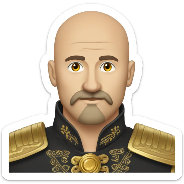 a Cossack warrior, The Cossack has a shaved head and a long strand of hair on one side. He has a thick, curved mustache and wears a gold earring in his left ear. He is wearing a simple Ukrainian embroidered shirt sticker
