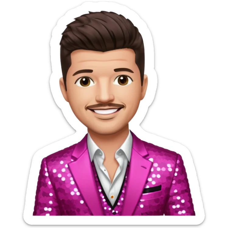 Robin Thicke with dark brown hair, dark pink sequin suit jacket, light skin sticker
