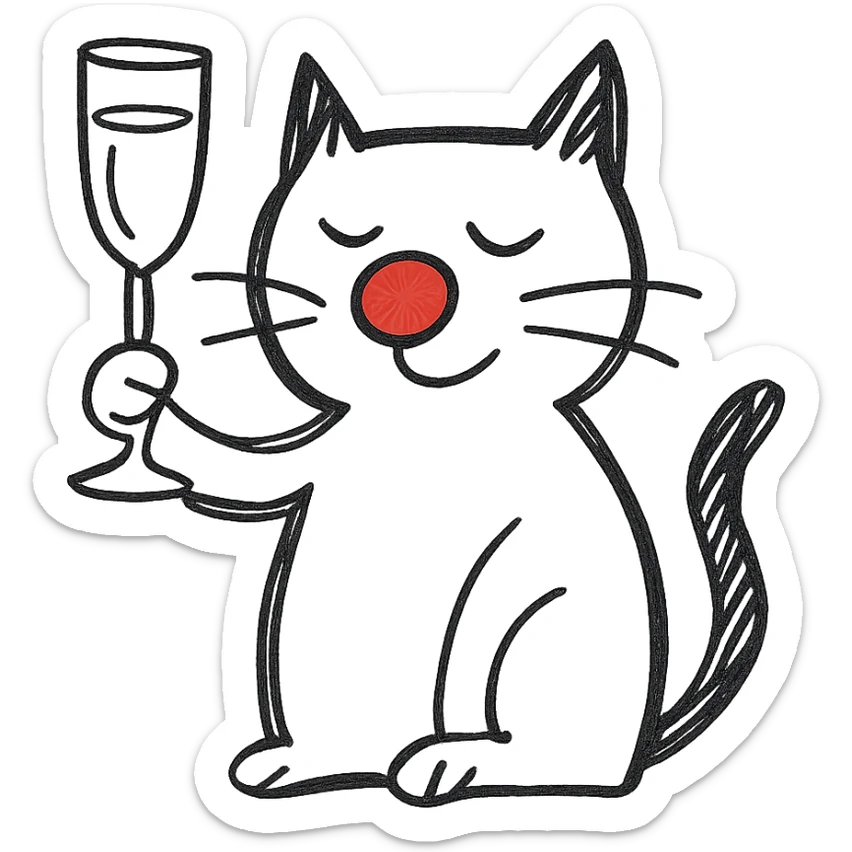 black cat with a red clown nose and a champagne glass, hand-drawn and quirky sticker