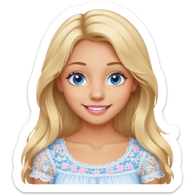 create an emoji of a young woman, tanned face, smile. she has an innocent natural look, messy extremely long blonde hair, blueeyes, natural soft pink lips. she wears a very loose very white lacy top sticker