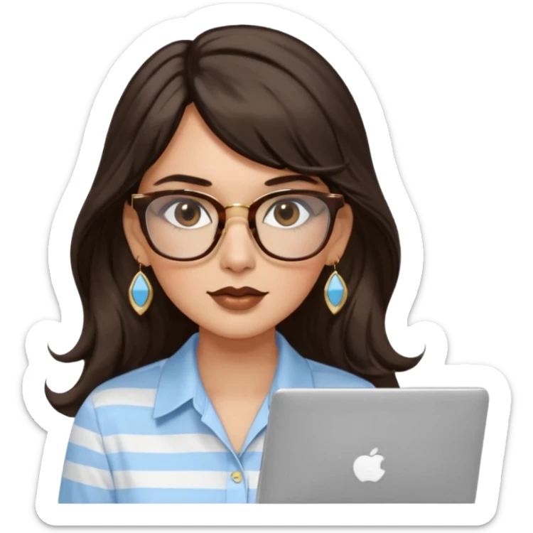 A woman with long wavy dark brown hair and a whispy bang, wearing thick tortoise SQUARE glasses, gold drop earrings. She has long lashes and a nude browny glossy lipstick. She's wearing an oversize light blue shirt with white vertical strips. She's working on a laptop sticker