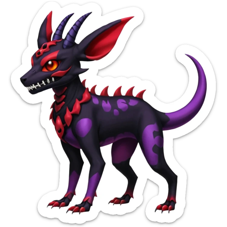 Gothic Black red purple Scaley Exotic Salandit-Umbreon-Noibat-Houndoom-Fakémon-hybrid-creature (full body), 4 legs, skull face mask sticker