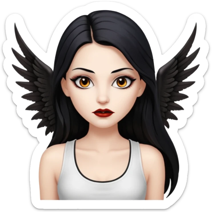 White woman with a white tank top long black hair glossy middle part straight long hair vampire look  brown eyes eyeliner winged with lashes top and bottom white border big lips black eyebrows sticker