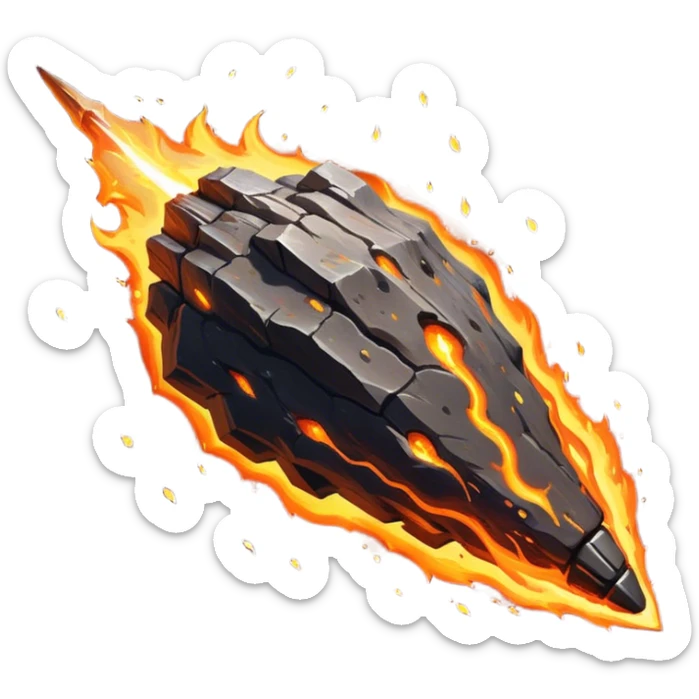 A massive, rocky meteor blazing through space with a fiery tail of orange and yellow flames. Its surface is rugged and cracked, glowing with intense heat. Embers and sparks trail behind as it hurtles forward. sticker