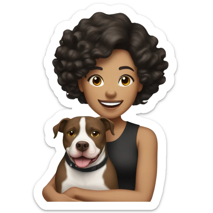 light skin woman with wavy black hair expressing joy alongide a white and brown pitbull sticker