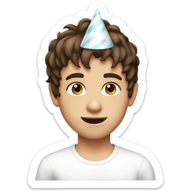 Young Boy, straight brown hair, brown eyes, white skin, birthday party hat sticker