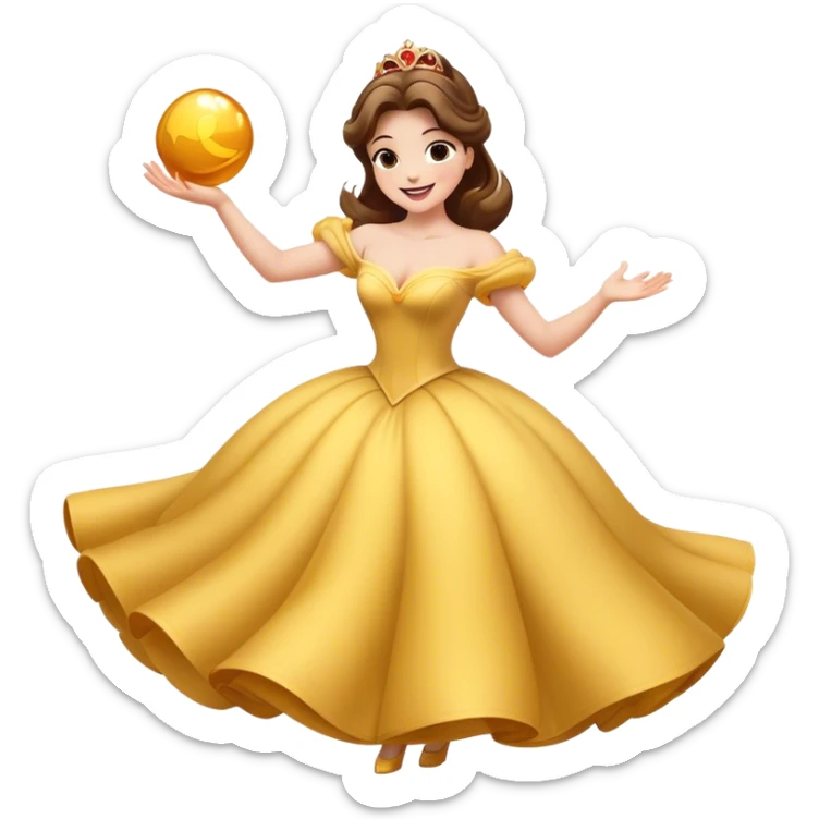 Cinematic Playful Belle Portrait Emoji, Spinning joyfully in her ball gown, arms outstretched, a radiant smile lighting up her face, exuding an enchanting blend of fun and elegance! sticker