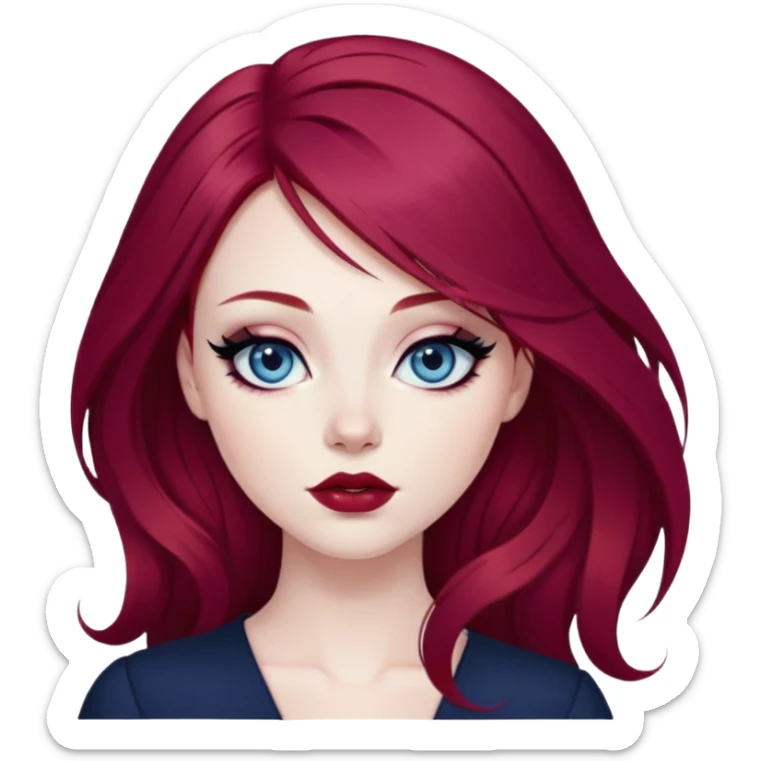pretty baddie, wine red hair, cute lips, pale skin, long hair, dark blue eyes, bold black eyeliner sticker