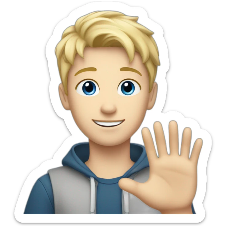 Blonde teen boy with medium short hair, blue eyes, waving hi with one hand to the camera sticker