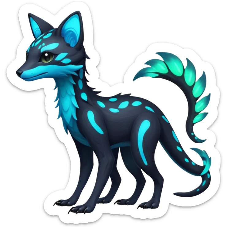 Rare realistic dark-neon glowing bioluminescent edgy badass epic pretty beautiful handsome gorgeous aesthetic colorful vibrant Vernid-Trico-species-Fakemon-creature by LiLaiRa, 4 legs, 1 tail, random markings, (full body) sticker