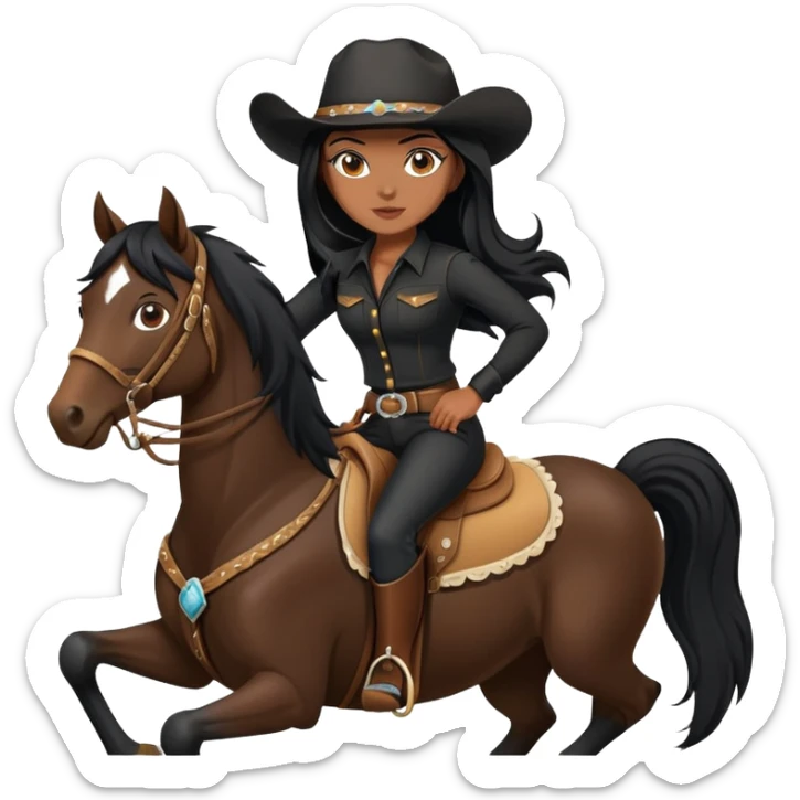 confident hot tanned woman with long black hair wearing black outfit riding a horse cowgirl style sticker