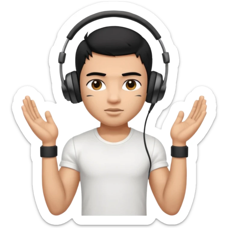a pretty bratz fair indian boy with black hair. lean but muscled, wearing a white tshirt. headphones on sticker