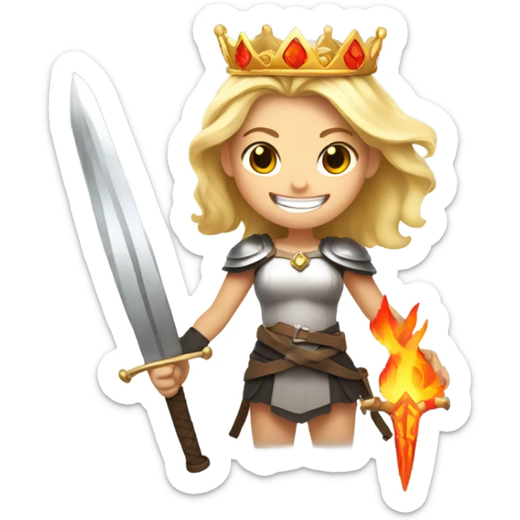 Blonde girl with a crown holding swords  with a grin and flames around her sticker