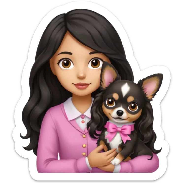 A girl with light to medium skin with olive skin tone, with long black hair with wavy bottom. Holding a chihuahua dog wearing a ribbon sticker