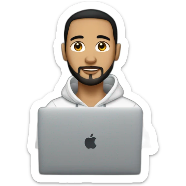 man with black hair ponytail and shaved beard on a hoodie sitting with macbook sticker