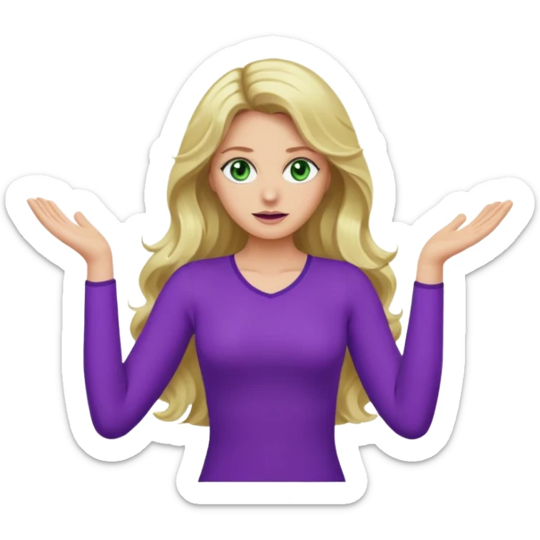 lady with long blonde wavy hair, green eyes and purple top top throwing arms in the as if confused sticker