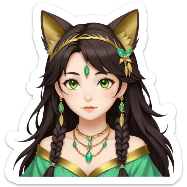 Beautiful gorgeous anime lady with beautiful dark-brown-special-hair, fashion aesthetic, ethereal, feather, accessories, gold jewelries, gold, colorful, feline ears, hazel-green eyes sticker